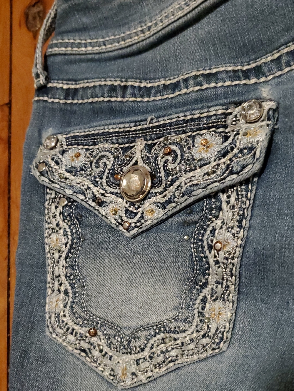 Apt. 9  Beautifully Embelished Women's Light Blue Flare Jeans - Picture 7 of 15